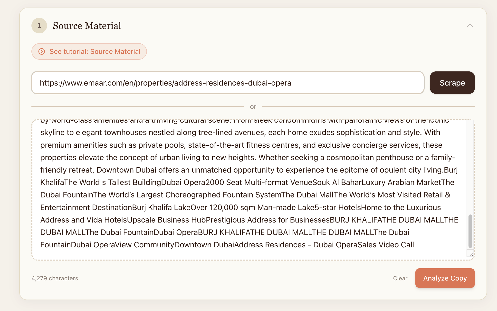 Step 1 — Source Material screen with URL input and Scrape button
