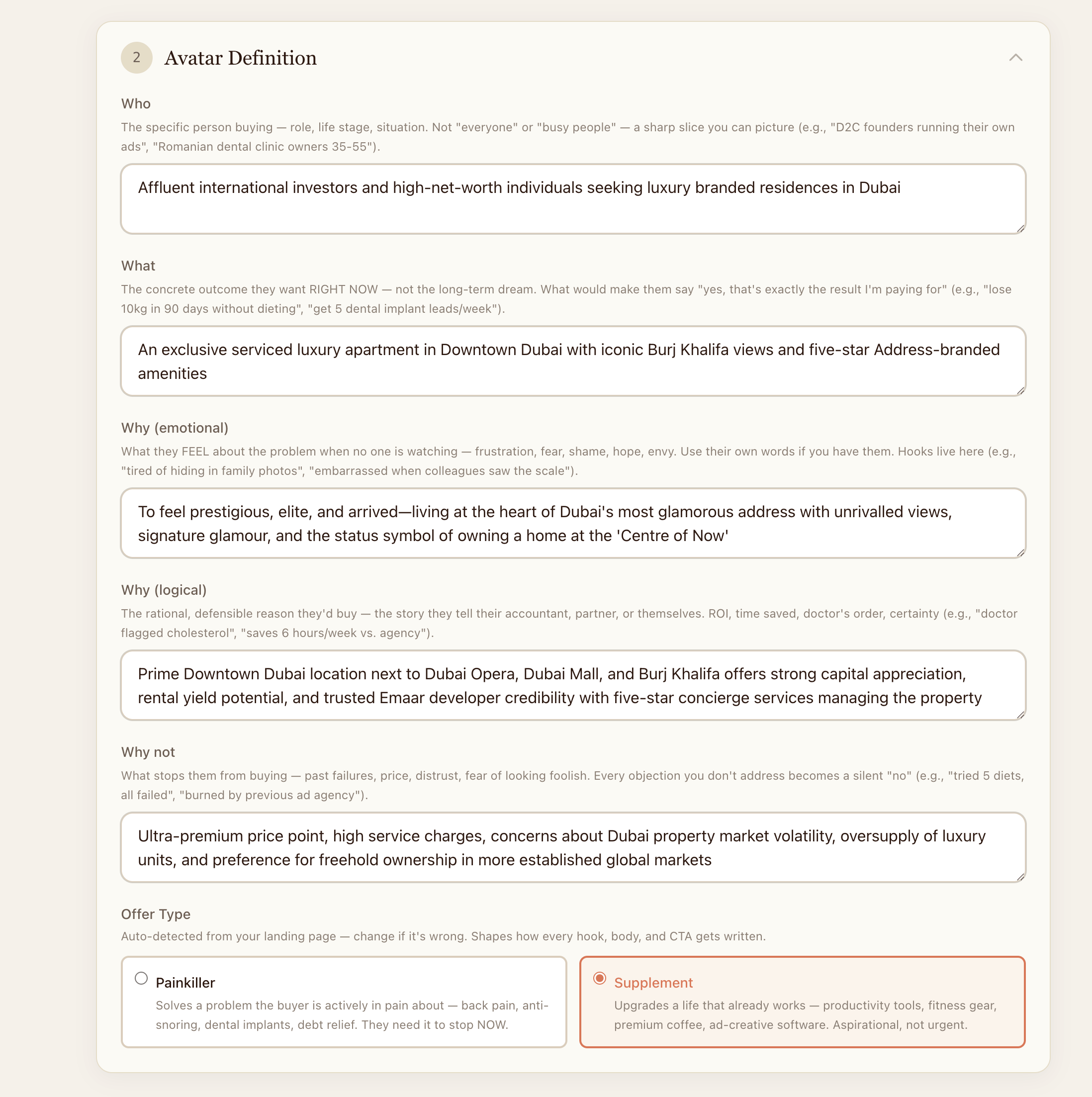 Step 2 — Avatar Definition screen with auto-filled fields