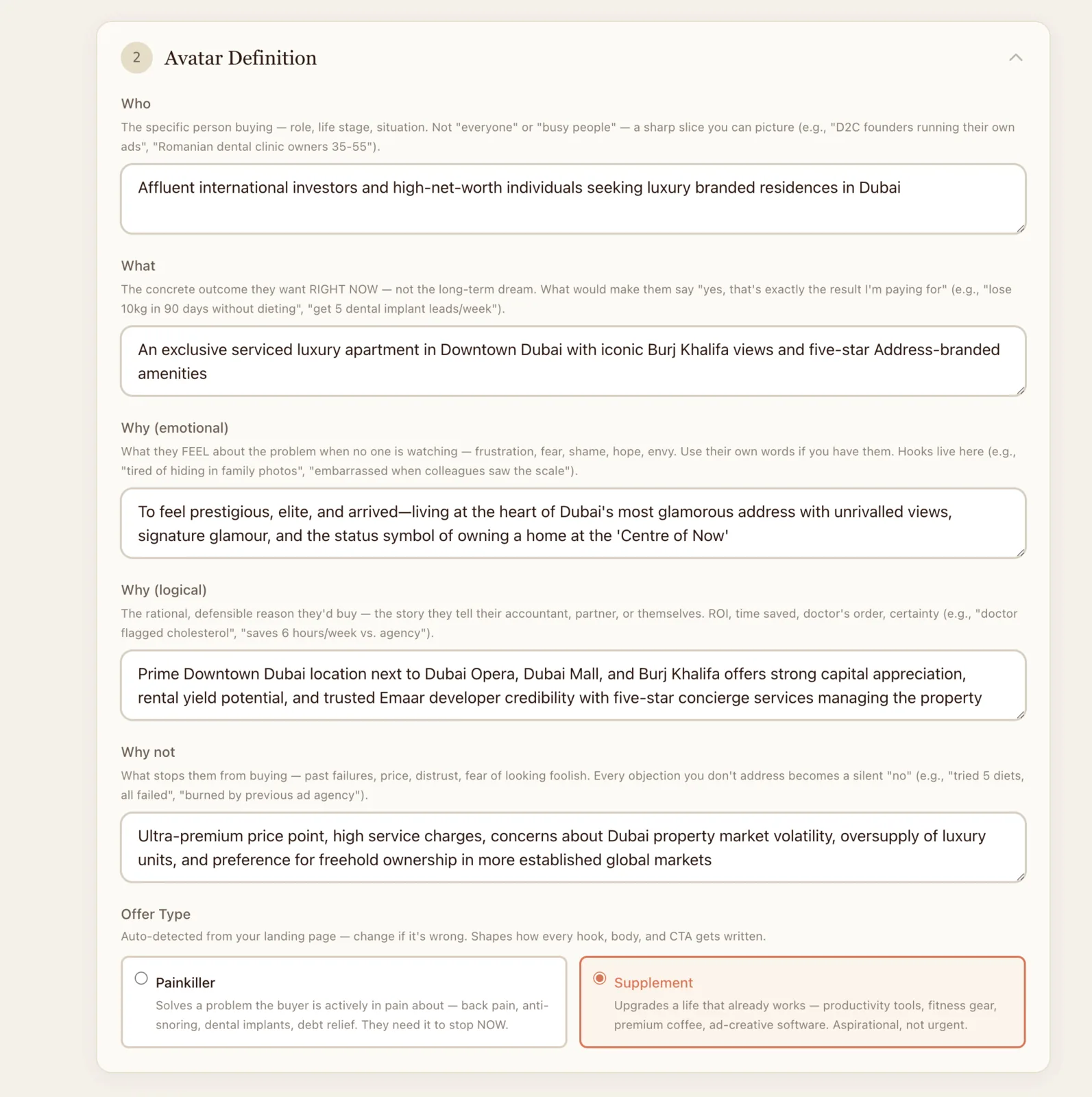 Step 2, Avatar Definition screen with auto-filled fields