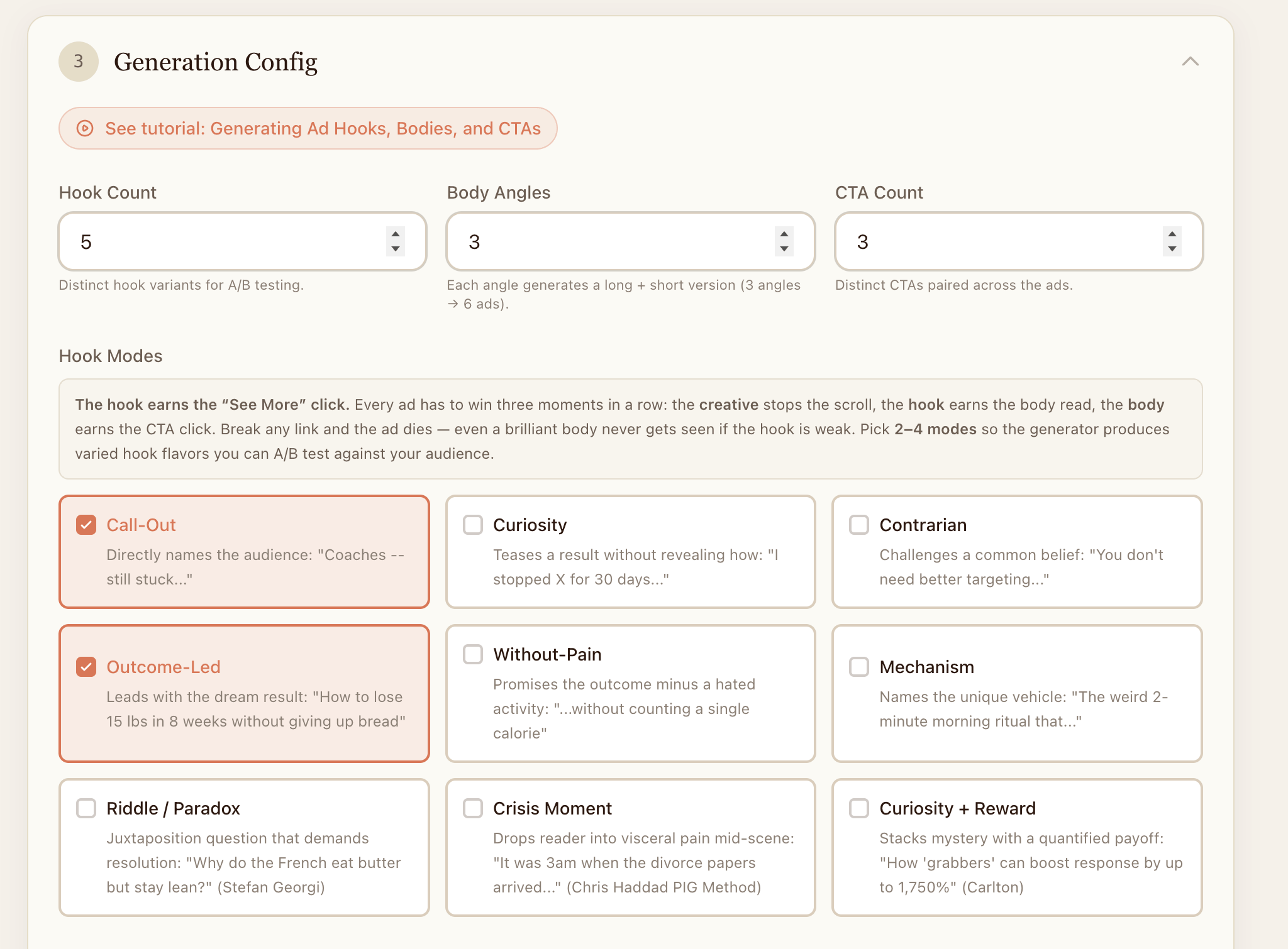 Step 4 — Generation Config screen with hook modes, body structures, angles, and model controls