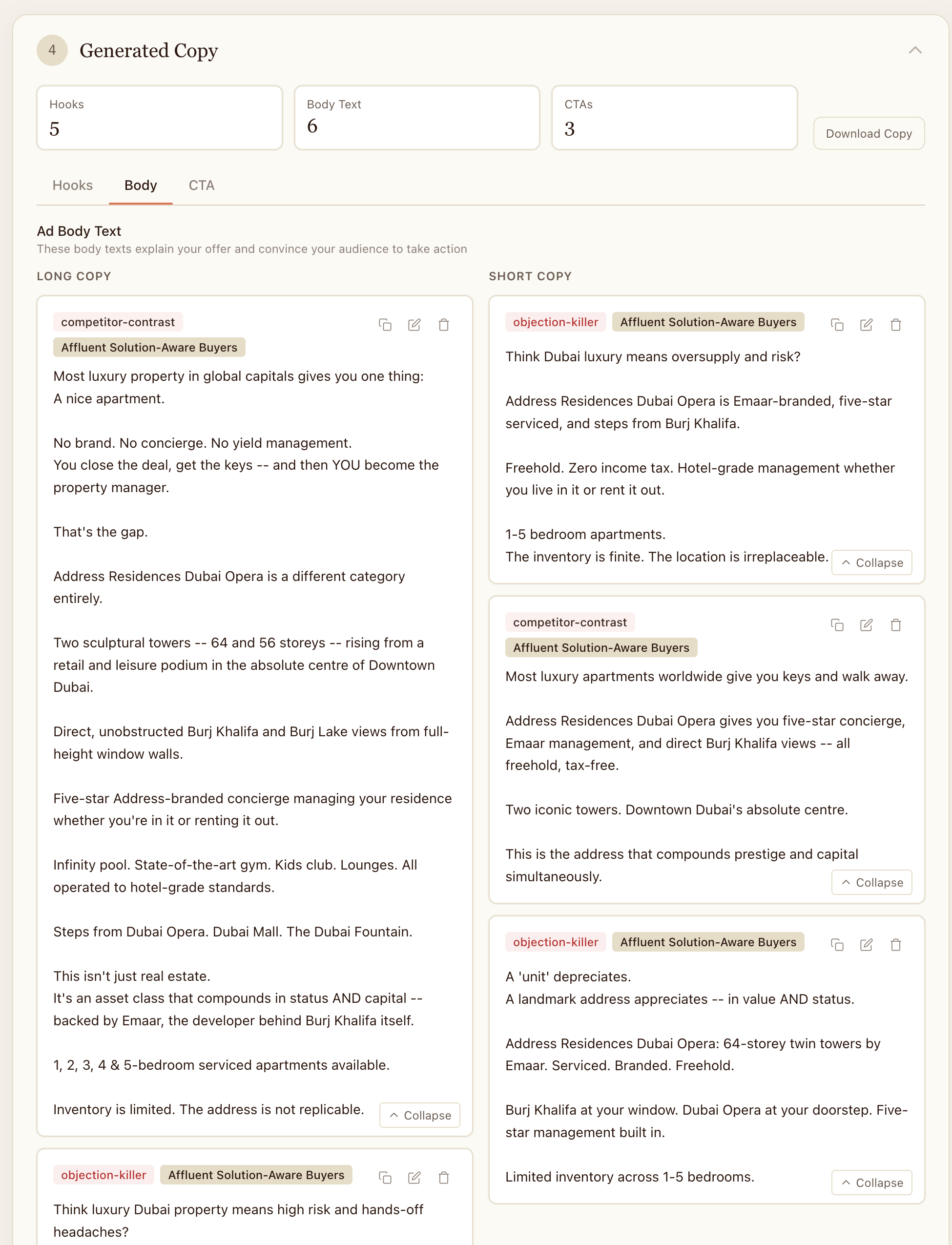 Step 5a — Generated Copy screen with hooks, bodies, and CTAs