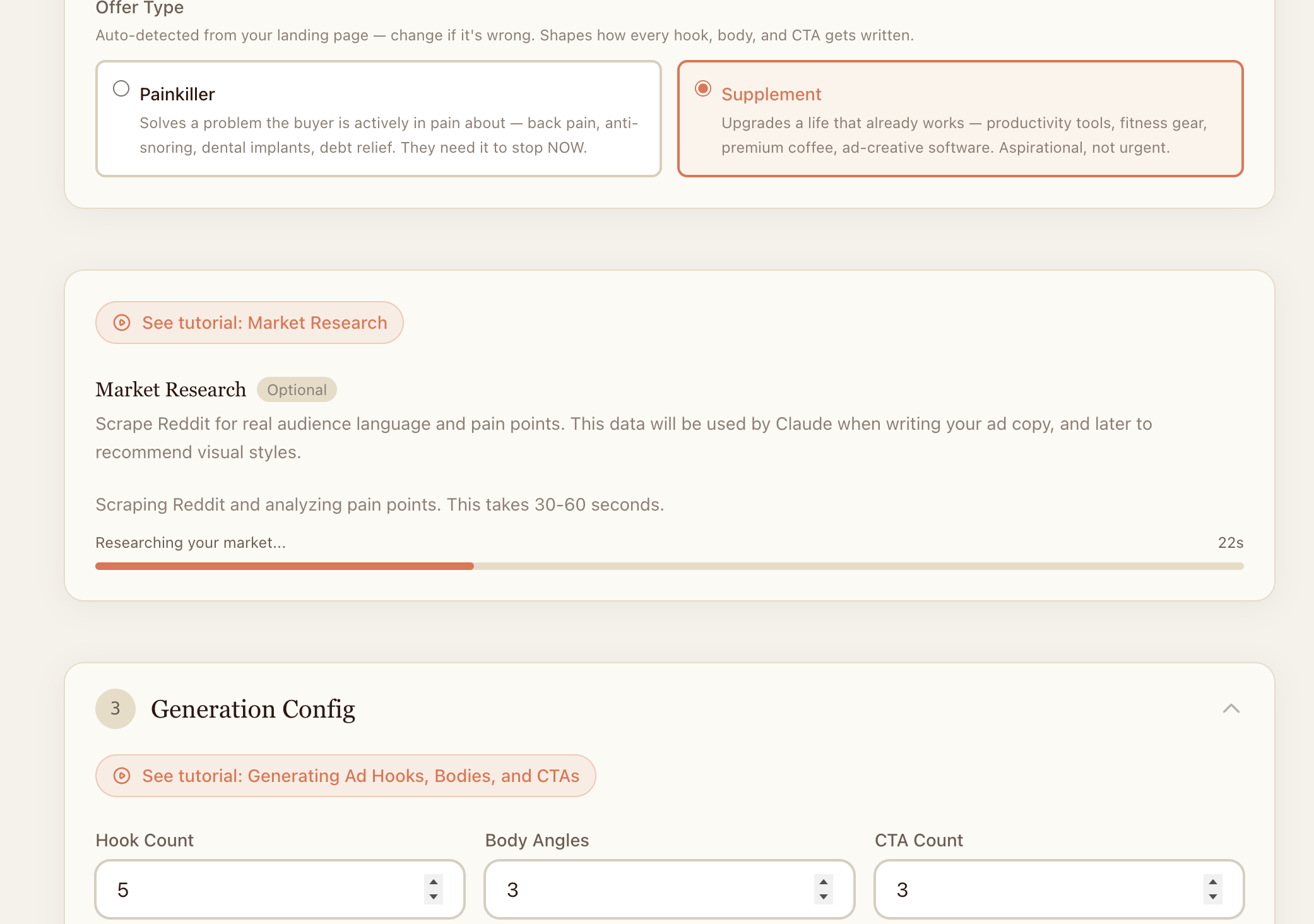 Step 3 — Reddit research panel showing analyzed threads, angles, and pain points