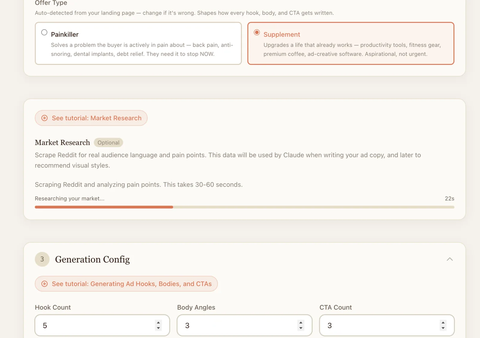 Step 3, Reddit research panel showing analyzed threads, angles, and pain points